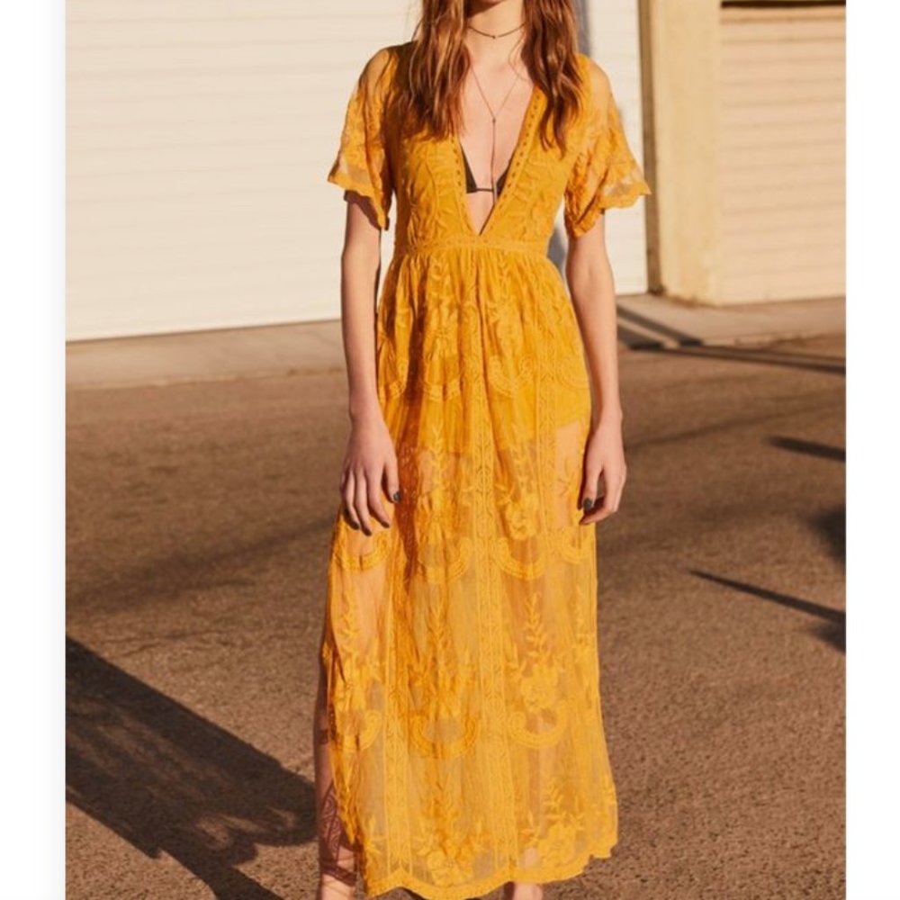 SOCIALITE Lace Mustard Romper Maxi Dress Boho